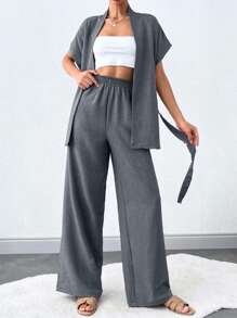 SHEIN Tall 女款 2 件套：短袖上衣與繫帶長褲，適合高個女性 - 深灰色 - 查看 4