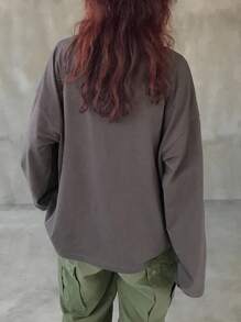 FRIFUL Áo thun dài tay cổ rút dây màu đen trơn cho nữ, dáng rộng, dễ mặc, đa năng, mùa thu - màu đen - Xem 5