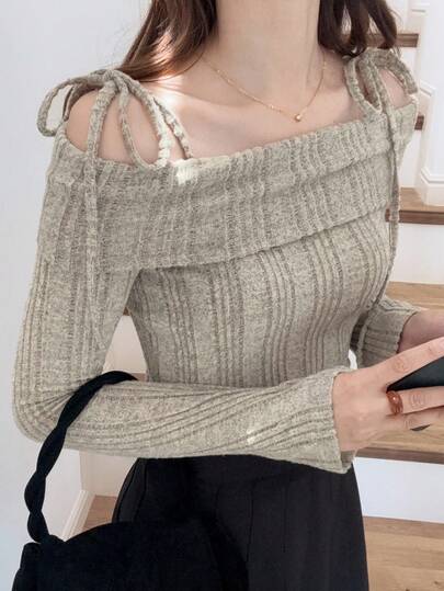 FRIFUL Women's Apricot Textured Off Shoulder Tie Shoulder Loose Long Sleeve Casual Slim T-Shirt, Autumn School Cute Tops