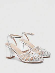 Rosivie 女士圆头粗跟银扣镂空编织优雅高跟凉鞋 - 銀色 - 查看 2