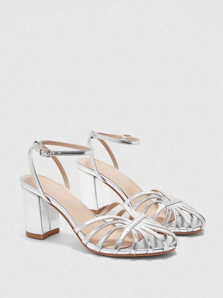 Women's Round Toe Thick Heel Silver Buckle Hollow Woven Elegant High Heel Sandals For Christmas Summer Shoes - Silver - View 2