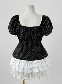 Sunspun 大码黑白圆点拼接泡泡袖蕾丝花边前系带衬衫，适合春、夏、秋季