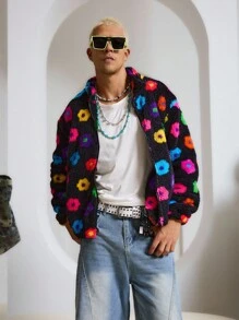 STEELVANCE 男士休闲花卉印花夹克，秋冬，2000 年代风格，秋季 - 黑色 - 查看 2