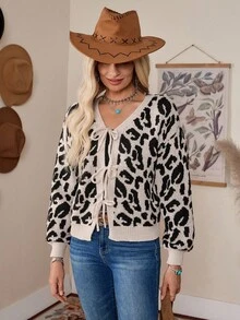 LanaWest Women's Casual V-Neck Leopard Print Contrast Color Bow Lantern Sleeve Cardigan Sweater, Autumn/Winter - Khaki - View 5
