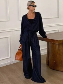 DAZY Vintage Blue V-Neck Denim Suit, Fashionable Casual Outfit With Loose Wide-Leg Pants And Oversized Jacket For Women