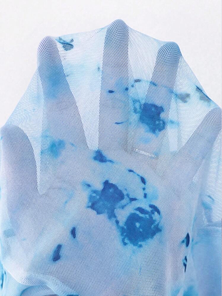 Elenzga 新款印花网纱透视喇叭袖蝴蝶结前襟休闲优雅女式T恤秋季女装 - 藍色 - 查看 7