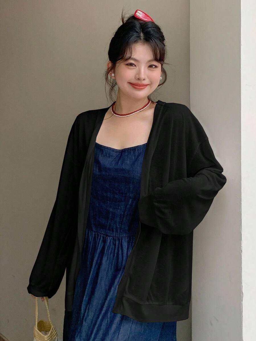 Dazy Plus Top ample casual à manches dolman ouvert devant en couleur unie grande taille