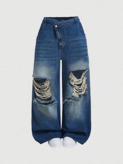 SHEIN CURVE+ 加大码蓝色休闲直筒破洞牛仔裤，曲线加大，波西米亚度假风