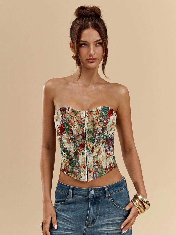 SHEIN BAE 性感、优雅、浪漫的无肩带上衣，饰有纹理花卉图案，适合秋冬季节、约会之夜、蕾丝束身衣、束身衣、外套、派对上衣、优雅上衣、婚礼宾客上衣、万圣节服装以及秋冬内衣穿着。 - 彩色 - 查看 4