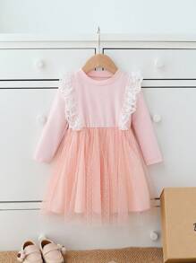 SHEIN Baby Girls' Pink Lace Patchwork Elegant Long Sleeve Dress - Pink - View 9