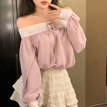 레이스 패치워크 오프 숄더 블라우스 with 끈 타이, 캐주얼 휴가 긴팔 셔츠 여성용, 봄, 여름, 가을에 적합