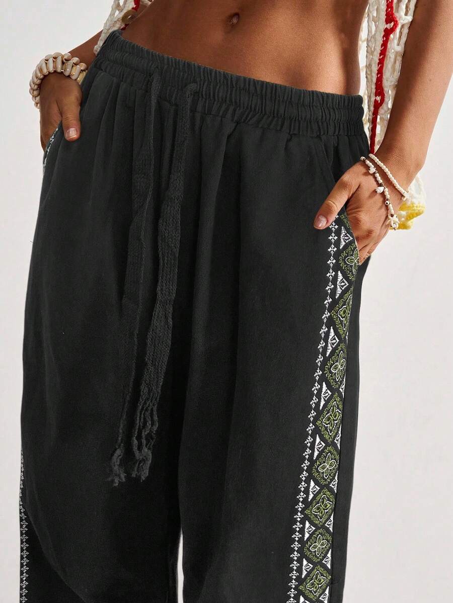 Bohemela 波西米亚风西式纯色梭织低腰宽松直筒女式水洗裤 - 黑色 - 查看 1