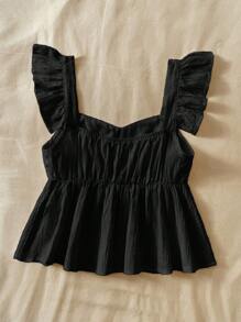 SHEIN TEENGIRL 黑色纹理面料盖袖 A 字衬衫，适合度假、音乐节、波西米亚风、节日、下午茶