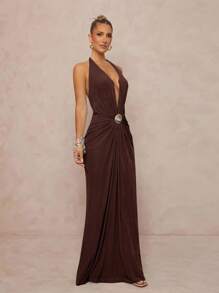 Lumalex Metallic Vacation Beach Music Festival Halter Neck Elegant Deep V Elastic Beautiful Women Dress Formal Dresses For Wedding Guest - Coffee Brown - View 5
