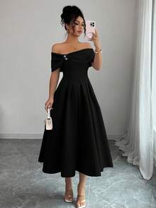 Elenzga Đầm midi xòe tay ngắn hở vai đính đá thời trang dành cho nữ - màu đen - Xem 6