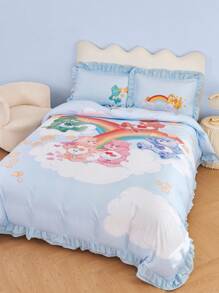 SHEIN X Care Bears 3pc Cute Cartoon Bear & Rainbow Print Ruffle Trim Bedding Set,Suitable For Single Bed/Double Bed/Queen Bed/King Bed, Dormitory/Home - Blue - View 12