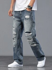 Manfinity Homme Jeans casuales de mezclilla rasgados de talla grande para hombres, jeans holgados rasgados, jeans desgastados, estilo emo - Azul - Ver 8
