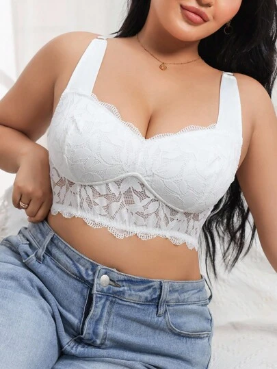 SHEIN 大码纯色宽肩带休闲蕾丝拼接无线文胸