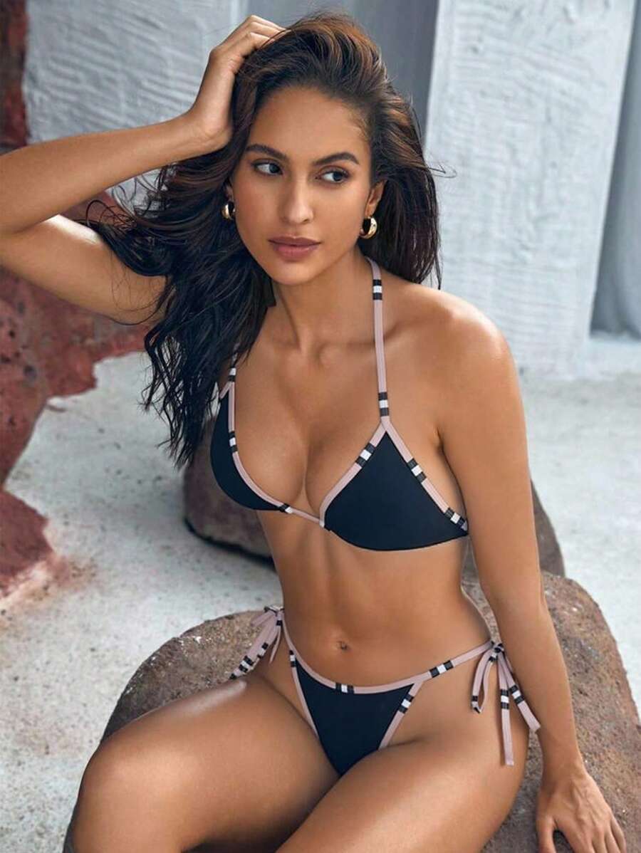 Swim Chiccia 夏季 2 件套女士条纹印花吊带比基尼上衣和比基尼下装 - 彩色 - 查看 1