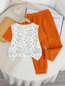 SHEIN 男宝宝休闲卡通老虎印花圆领短袖上衣和裤子套装