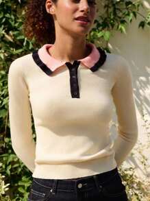 lacRébo Contrast Color Flutter Collar Knit Polo Top Spring Summer Women Elegant Knit Top Going Out Top Office French Style Old Money Style Top - Multicolor - View 4