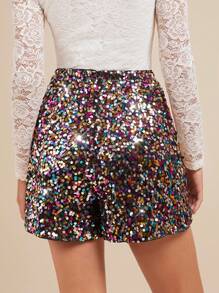 Amorya Pantalones cortos de mujer con decoración de lentejuelas brillantes en forma de A, elegantes pantalones cortos brillantes para fiestas navideñas - Multicolor - Ver 2