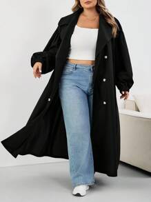 SHEIN CURVE+ Plus Size Women's Black Long Windbreaker, Black Long Sleeve Minimalist Casual Everyday Jacket Plus Size Trench Coat 8xl Women Coat Curve Trench Coat Plus Size Fall Coat,Fall Clothes For Womenfall Clothes For Women,Winter,CURVE PLUS Autumn - Black - View 9