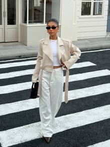 SHEIN EZwear Chaqueta corta casual con cremallera y cuello para mujer - Albaricoque - Ver 6