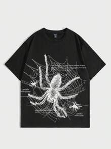 ROMWE MEN Goth Spring/Summer Casual Graphic Men Spider Print Crew Neck Tee For Halloween, School, 2000S Style - Black - View 1