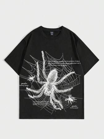 Goth Men Spider Print Crew Neck Tee For Halloween, School, 2000s Style