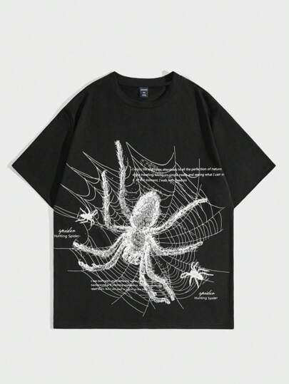Goth Camiseta de cuello redondo con estampado de araña para hombres, para Halloween, la escuela, estilo de los 2000