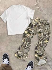 SHEIN 青少年男孩经典时尚休闲酷炫人物和树叶树枝印花圆领 T 恤和喇叭裤 2 件套，适合夏季 - 彩色 - 查看 2