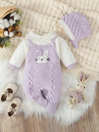 SHEIN Vintaside Kids Baby Girls Knitted Sweater , Long Sleeve Romper With Fold-Over Collar, Footie Pants, Comfortable For Autumn/Winter Season. Available In Pink And Apricot, Elegant And Versatile Design With Embroidered Cartoon Patterns, Suitable For Daily Wear, Indoor, Outdoor And Travel, Baby Girl Knitted Outfits Light Purple Outfits For Babies Cozy Pixies Baby Girl Set Baby Knit Romper Lavender Baby Outfit Bunny Baby Outfit Fall