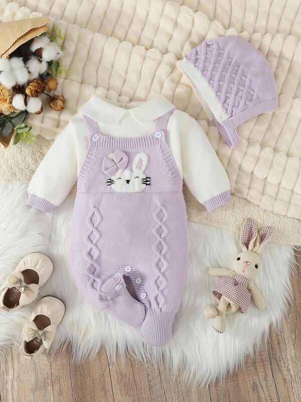 SHEIN Vintaside Kids Suéter de punto para bebé niña, mono de manga larga con cuello vuelto, pantalones con pies, cómodo para la temporada de otoño/invierno. Disponible en rosa y albaricoque, diseño elegante y versátil con patrones de dibujos animados bordados, adecuado para uso diario, interior, exterior y viajes