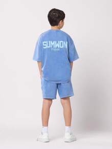 SUMWON Studios Boys Casual Two Piece Set Summer Crew Neck T-Shirt And Shorts Cotton Blend Matching Wear Coordinate Set Streetwear Style - Blue - View 1