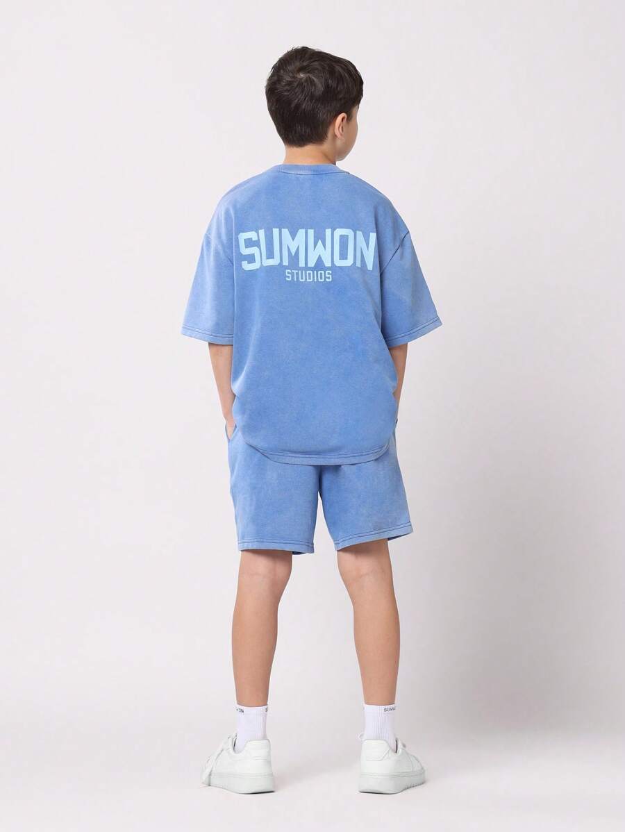 SUMWON Studios Boys Casual Two Piece Set Summer Crew Neck T-Shirt And Shorts Cotton Blend Matching Wear Coordinate Set Streetwear Style - Blue - View 1