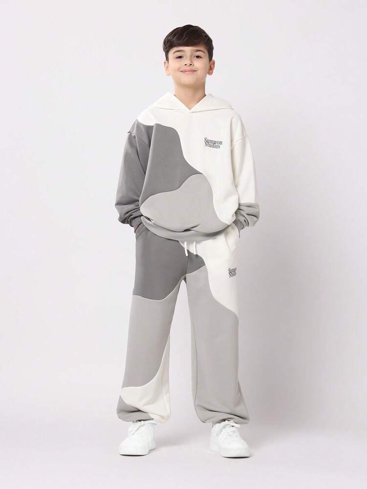 Color Block Hoodie And Sweatpants Set With Drawstring