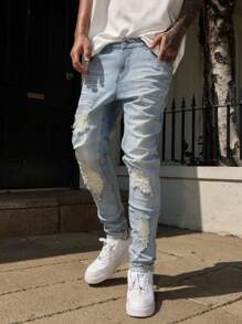 Manfinity Roghcode Plus Size Men's Light Blue Distressed Patch Denim Jeans, Fashionable Slim Fit Casual Pants Men Ripped Denim Jeans Streetwear Jeans