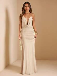 SHEIN BAE Women's Solid Green Spaghetti Strap Ruched Waist Open Back Dress, Suitable For Party, Vacation, Banquet, Wedding, Night Out, Romantic Date, Summer,Fall Wedding Guest Dress - Apricot - View 3