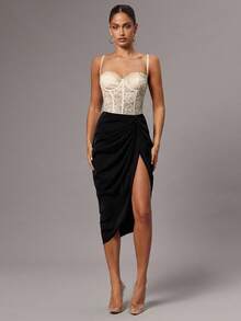 Silquee 红色性感蕾丝紧身衣，蕾丝拼布细肩带迷人透视紧身长袖紧身衣，适合日常穿着、约会之夜、外出 - 杏色 - 查看 3