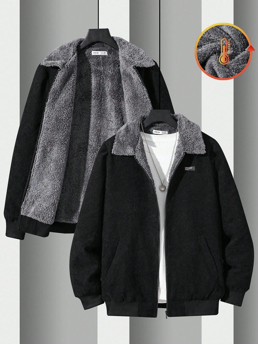 SHEIN Teen Boys' Black Corduroy Thermal Lined Slim Fit Minimalist Padded Jacket, Casual, School, Comfortable, Versatile, Soft Fabric, Suitable For Daily Wear, School, Outings, Outdoor Activities, Autumn/Winter Teen Boy Jackets Teen Boys Coats Boys Winter Jackets Boys Corduroy Jacket Boys Bomber Jacket Teen Boys Winter Clothes Boys Jackets Fall Winter - Black - View 1