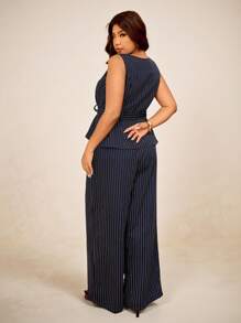 Elaquor 大码条纹印花V领背心和阔腿裤休闲两件套 - 藏蓝色 - 查看 2