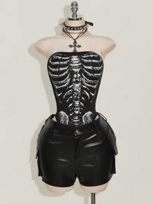 SHEIN ICON 女式骷髅印花吊带背心紧身衣 - 黑色 - 查看 3