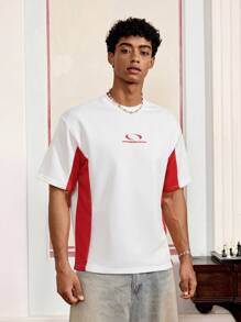 SWAVVY Men's Summer Letter Print Contrast Color Round Neck Short Sleeve Casual T-Shirt - Red and White - View 1