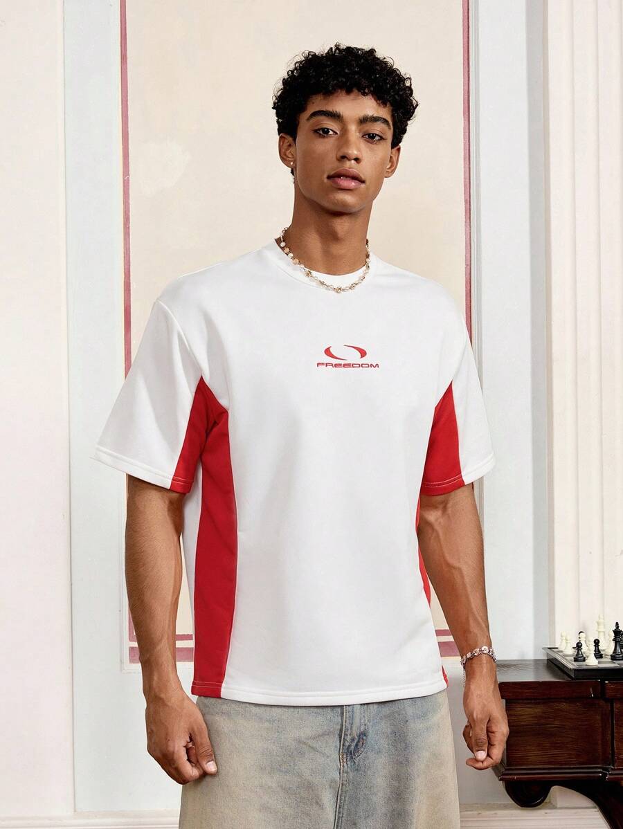 SWAVVY Men's Summer Letter Print Contrast Color Round Neck Short Sleeve Casual T-Shirt - Red and White - View 1