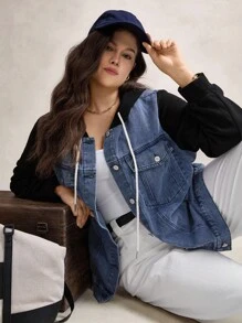 SHEIN LUNE Plus Size Two Tone Denim Jacket With Hood Winter Fall Autumn Black - Baby Blue - View 7