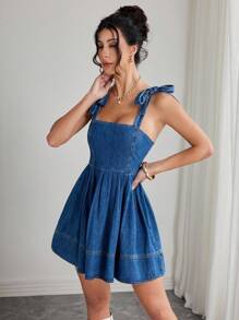 Elenzga 女士休闲褶皱牛仔吊带连衣裙，夏季 - 深色水洗藍 - 查看 4