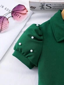 Elladie kids 年轻女孩纯色领泡泡袖开衫夏季可爱连衣裙配迷你包 - 墨綠色 - 查看 5
