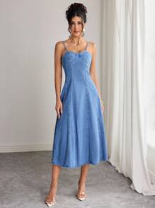 Elenzga Váy midi denim không tay thường ngày dành cho nữ - Rửa trung bình - Xem 1