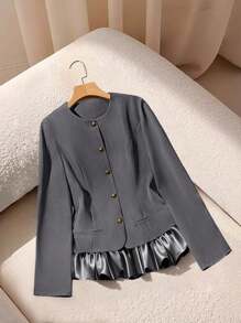 Selianne Women's Elegant Gold Button Ruffle Patchwork Long Sleeve Waist Fitted Thin Blazer,Autumn Office Business Casual Vintage Style Back To School Jacket - Grey - View 3